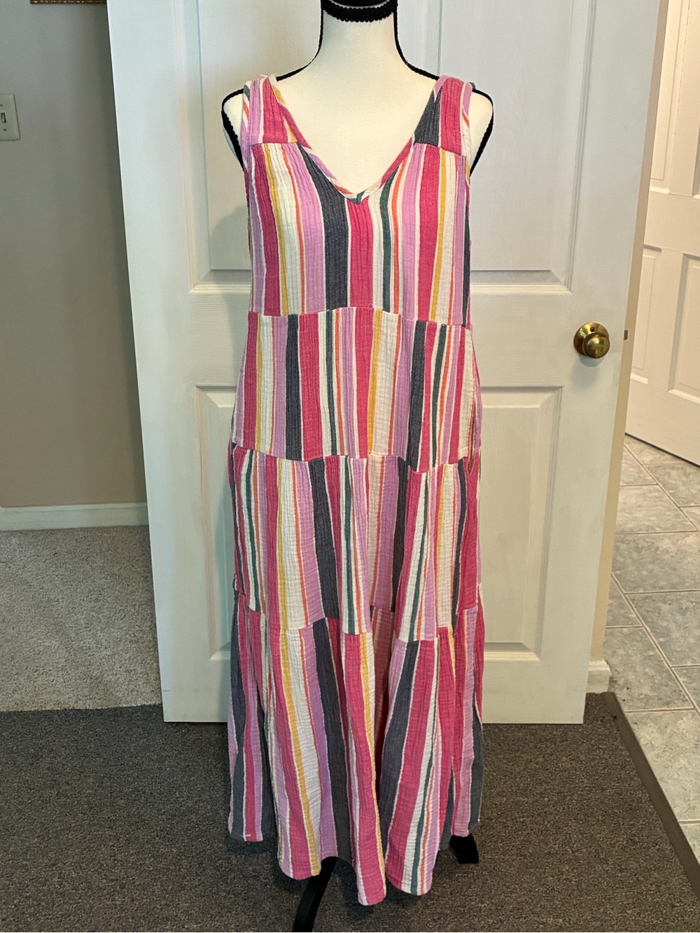 Marine Layer Corinne Sleeveless Maxi Dress in Multi Stripe Pink Gray Size-M